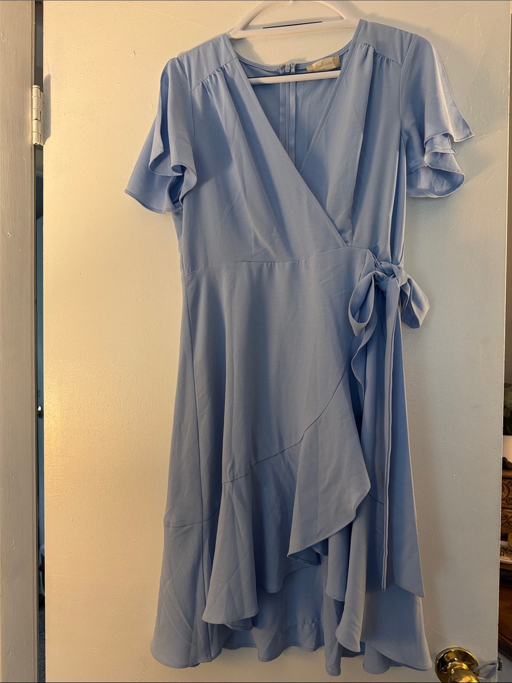 Blue Wrap-Front High-Low Dress with Ruffle Tie
